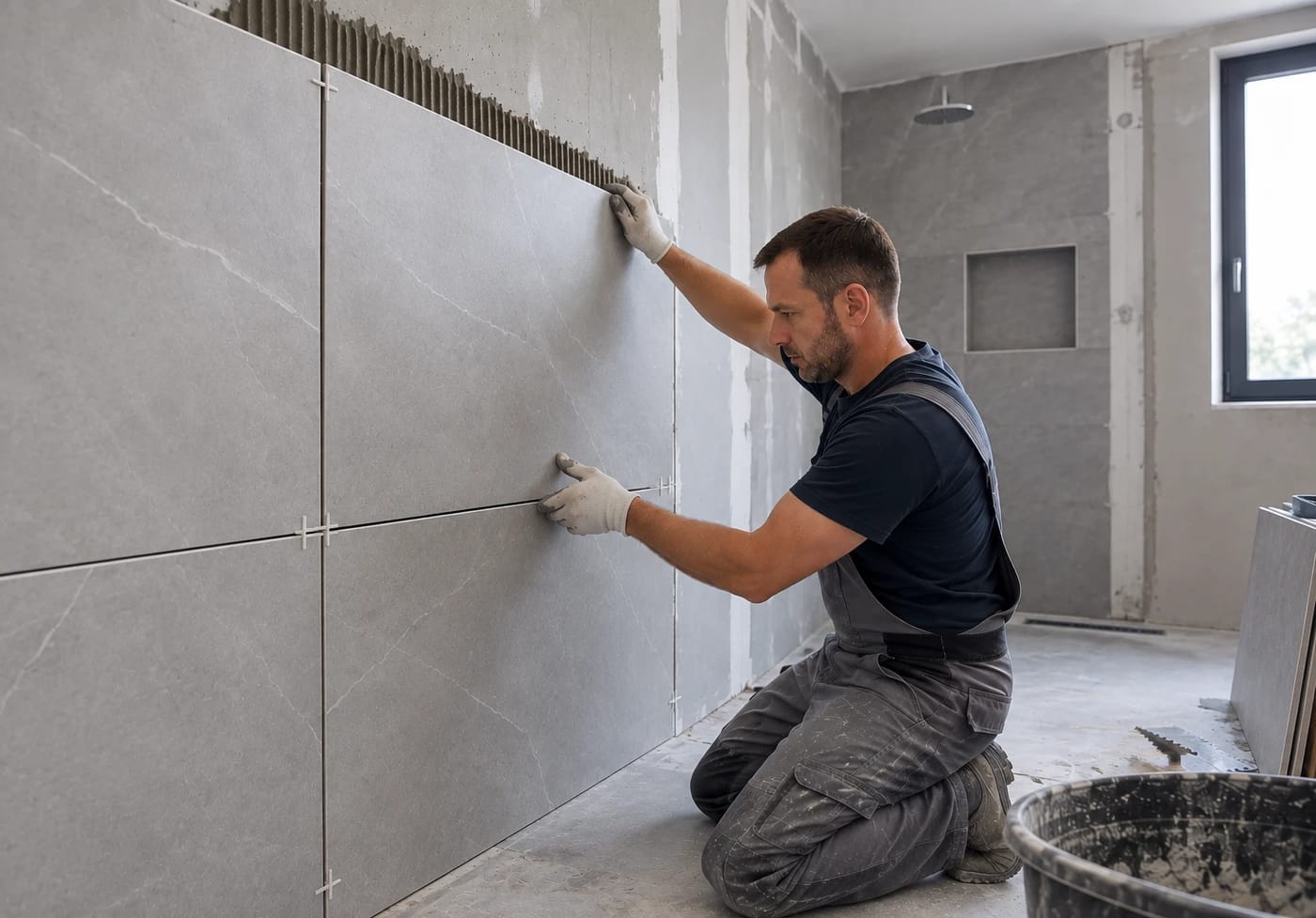 Badkamerspecialist legt tegels in een nieuwe badkamer in regio Gent