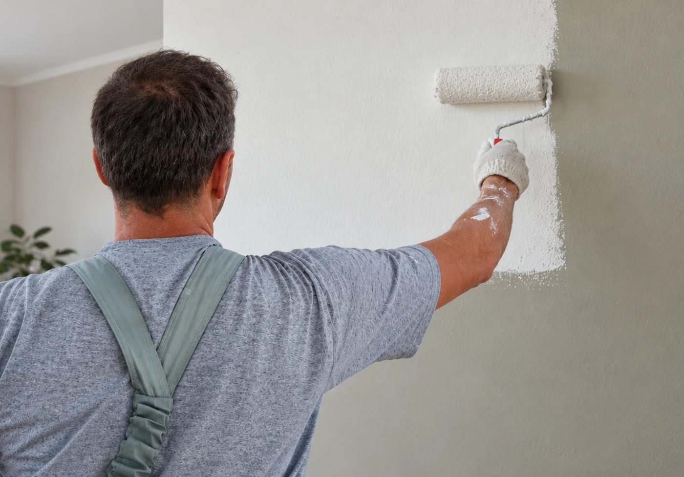 Schilder rolt een binnenmuur wit in een woning in regio Gent